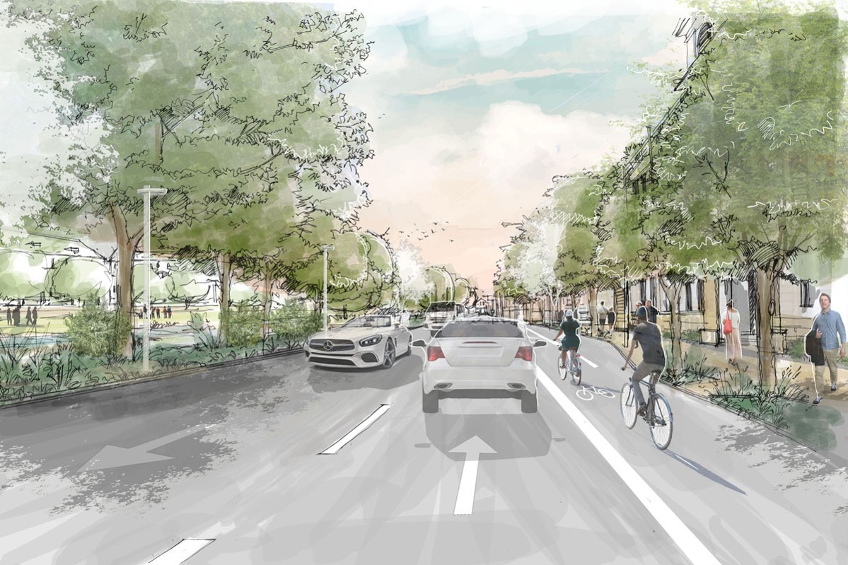 Skizze Südseite Lessingstraße mit Verkehr auf jeweils einer Spur pro Fahrtrichtung