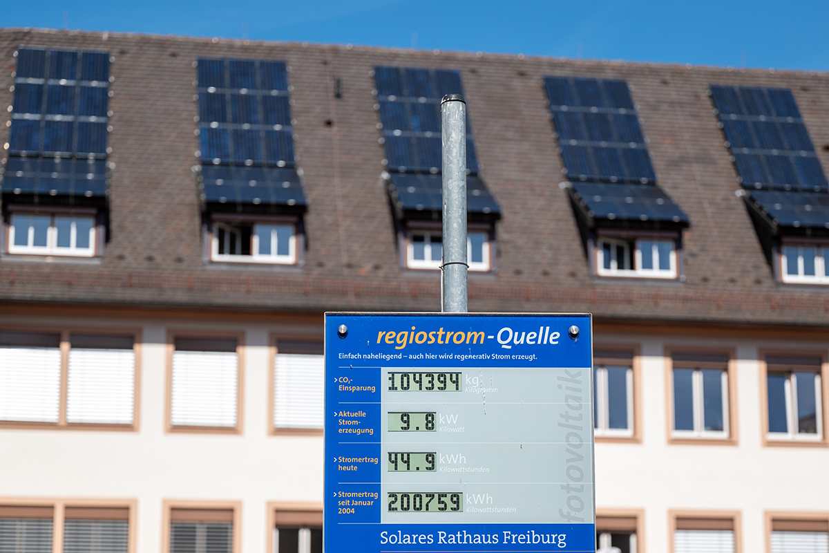 Dach mit Solarpaneelen, davor eine Anzeigentafel, die die CO2-Einsparung und Menge des erzeugten Stroms anzeigt