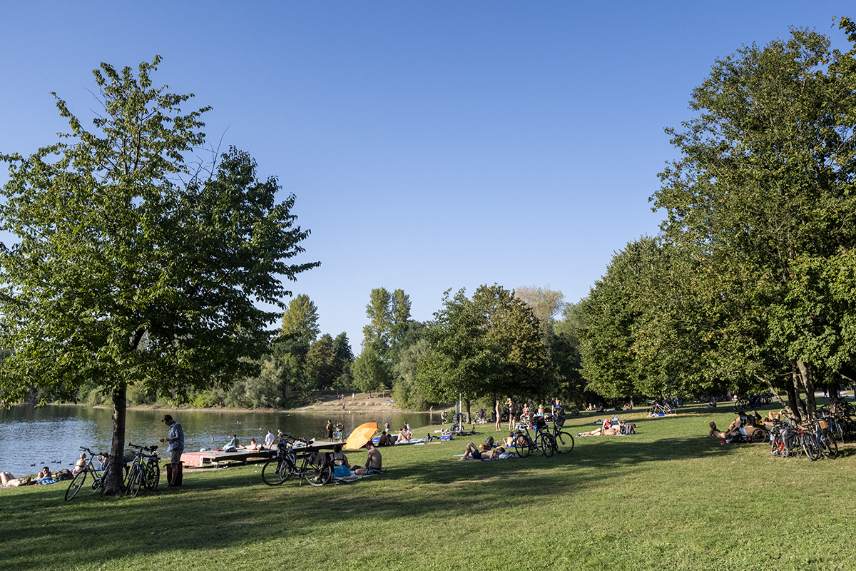 Große Liegewiese mit Menschen, links im Bild der Dietenbachsee