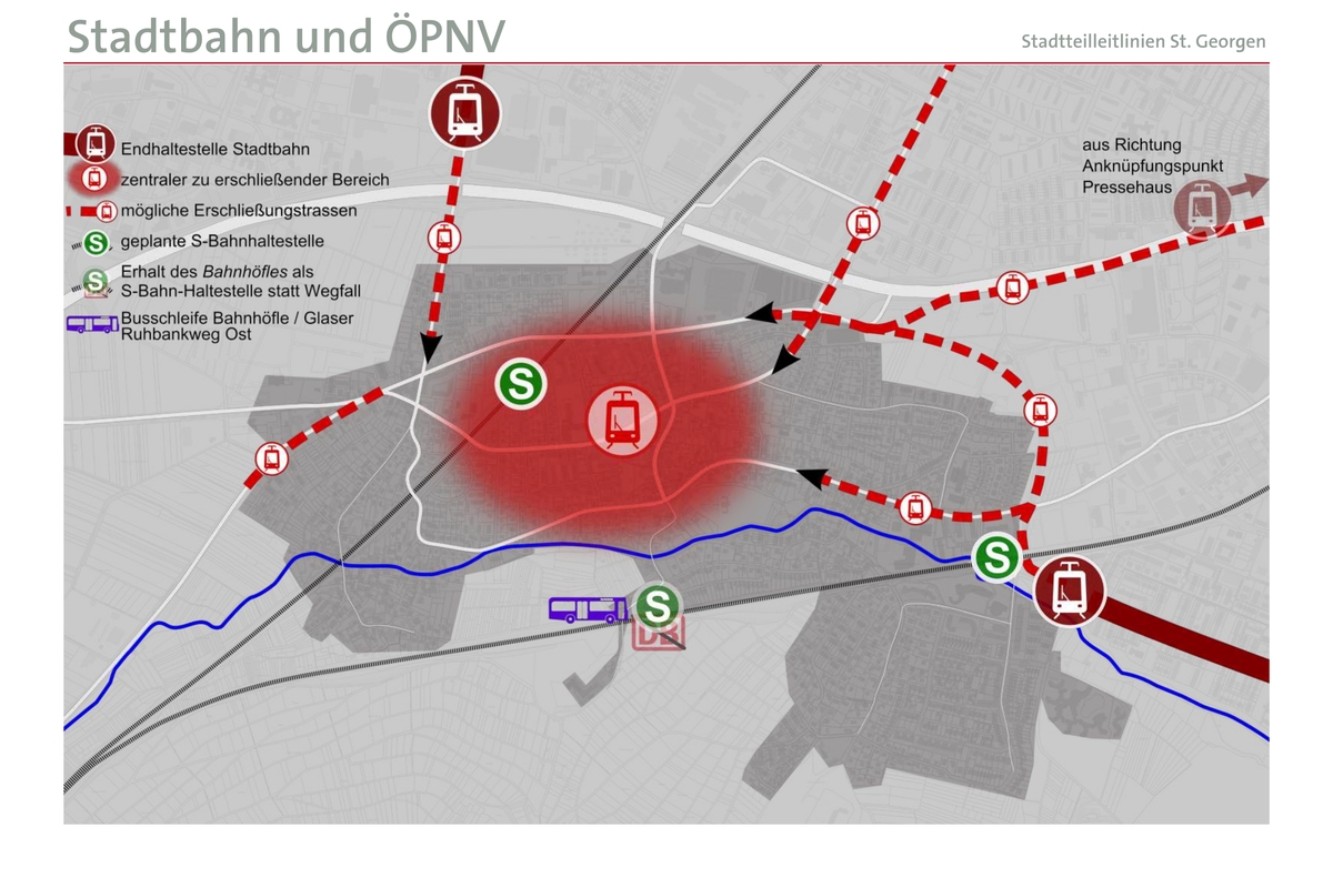 Schematische Zeichnung einer Karte von St. Georgen mit ÖPNV-Haltepunkten