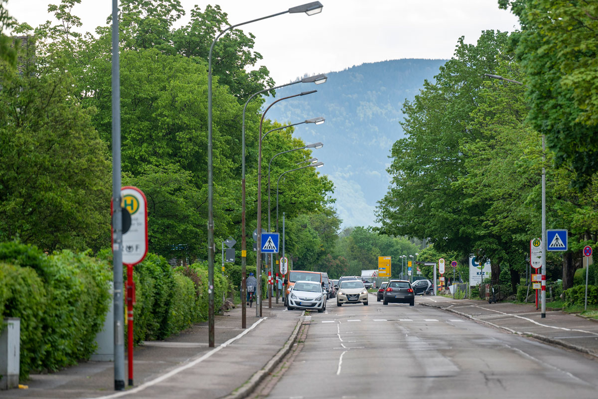 Kappler Straße mit Autos, rechts und links Bäume