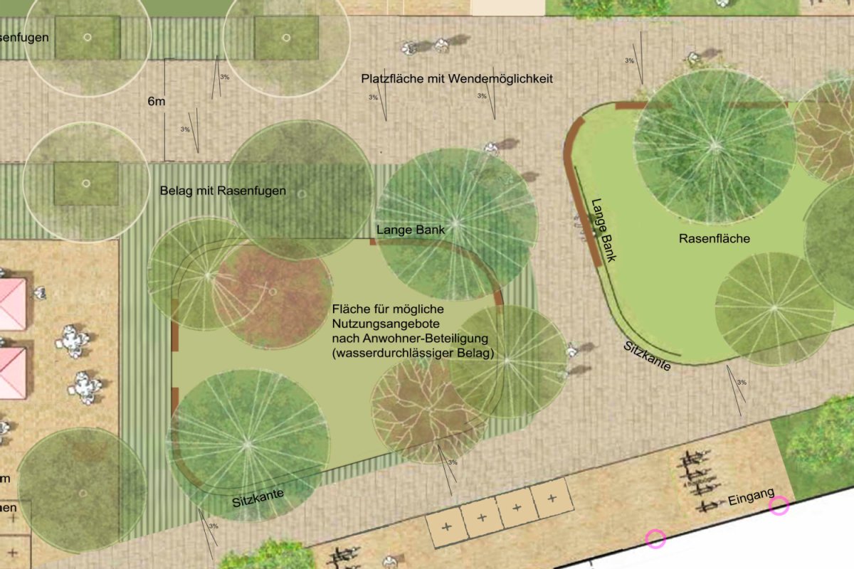 Öffentliche Freiräume im neuen Stadtteil Dietenbach, Trichterplatz, Quelle: BarBarbara deHaen Farbige Planzeichnung einer Platzgestaltung mit Bereichen für Rasen, Bäume und Straßen