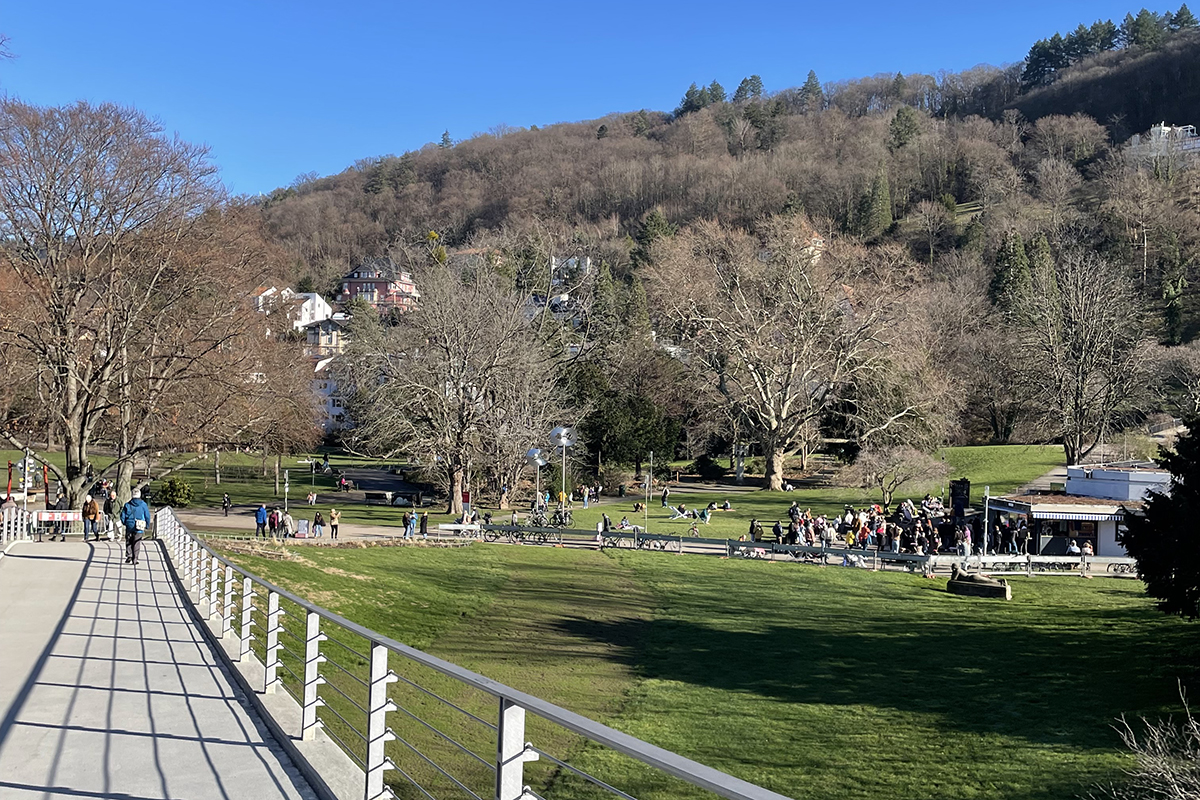 Brücke, die in den Park führt; grüne Wiese und viele Menschen