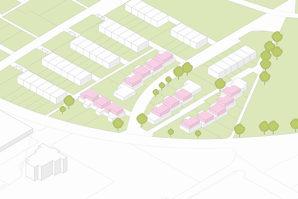 Grafik von Häusern entlang kleiner Straßen